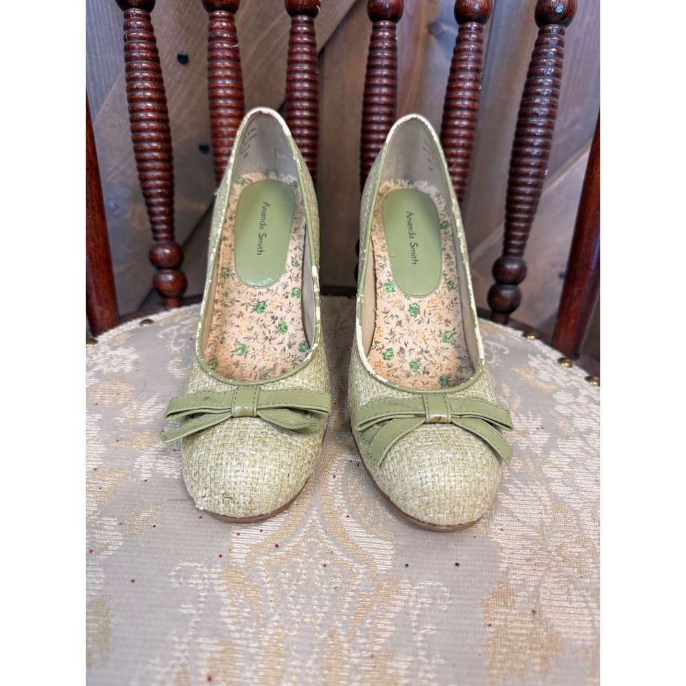 Amanda Smith Pumps Womens 6M Green Good Woven Straw Bow Detail Stiletto Belle